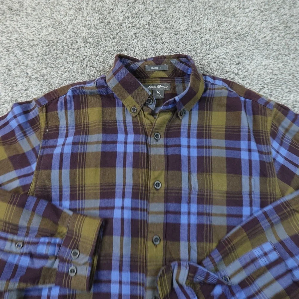 Eddie Bauer Shirt Mens S Blue Brown Plaid Flannel Button Up Long Sleeve Outdoor